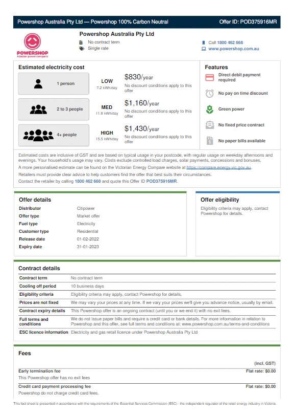 AUSTRALIA POWERSHOP utility bill Word and PDF template